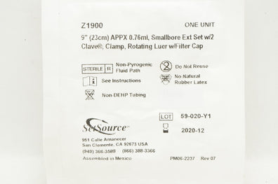 SetSource Z1900 APPX 0.76mL, Smallbore Ext Set W/2 Clave, Clamp, 9inch (x)